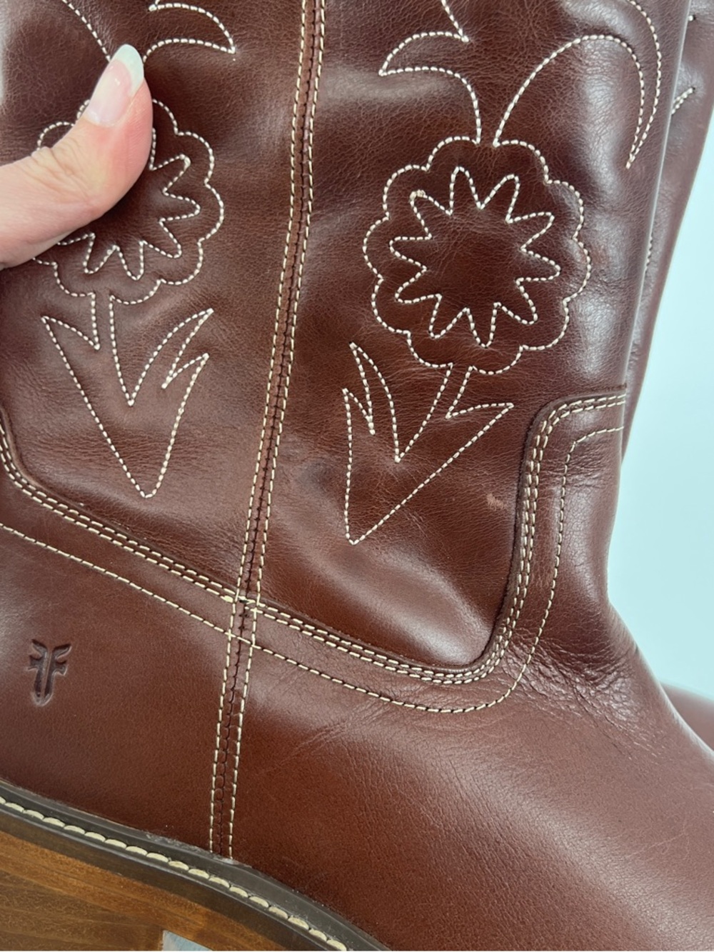 Frye Kate Deco Stitch Floral Embroidered Square Toe Leather Western Boots 8 - Picture 11 of 11